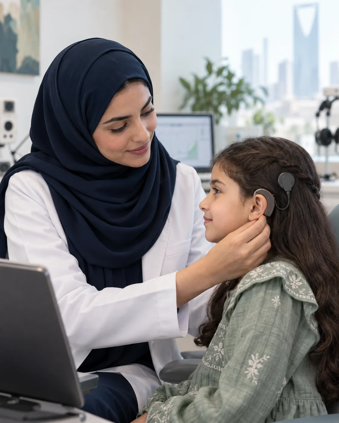 Audiologist fitting a cochlear implant processor for a child in a hearing clinic