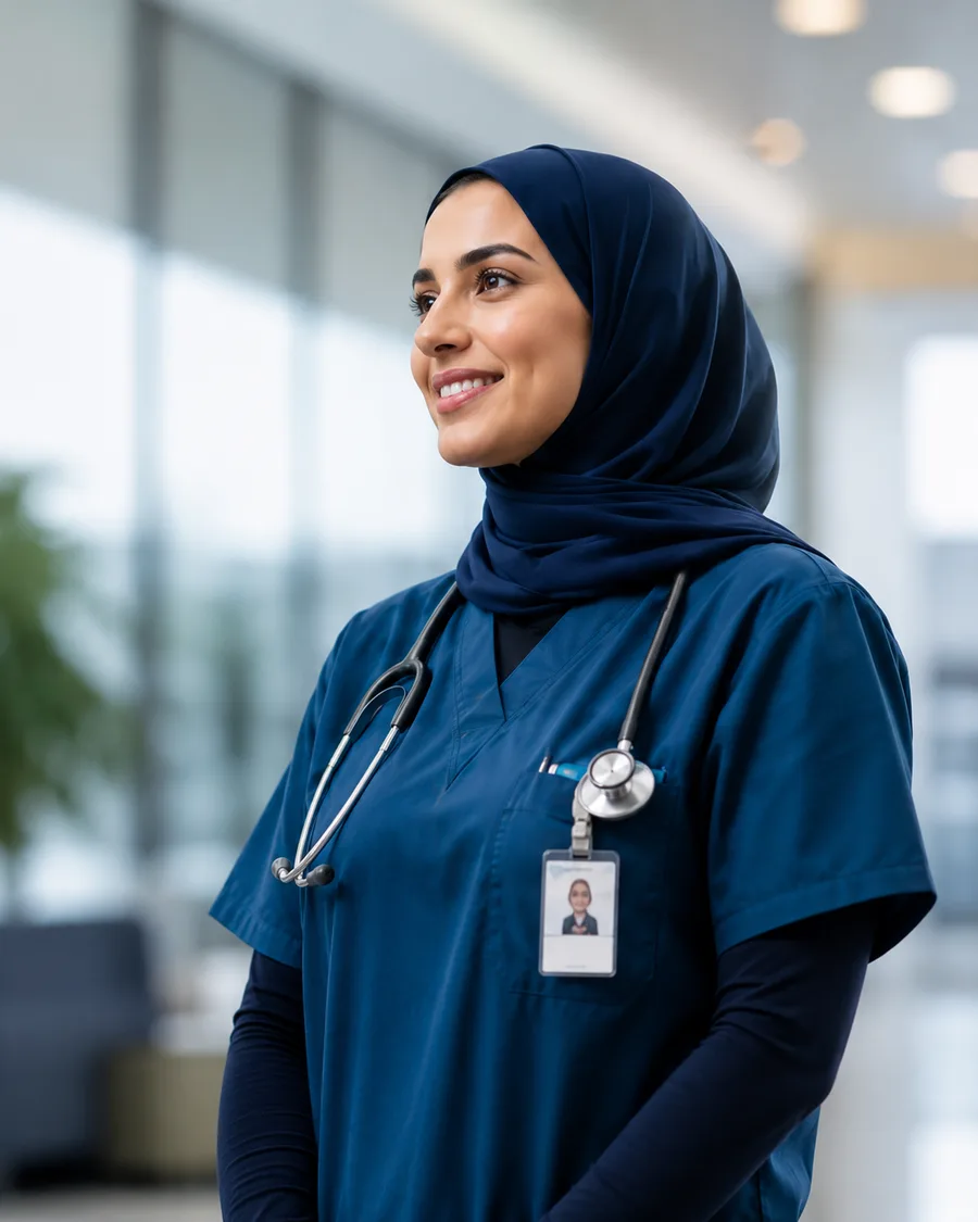 Saudi female nurse in navy scrubs and hijab at a hospital
