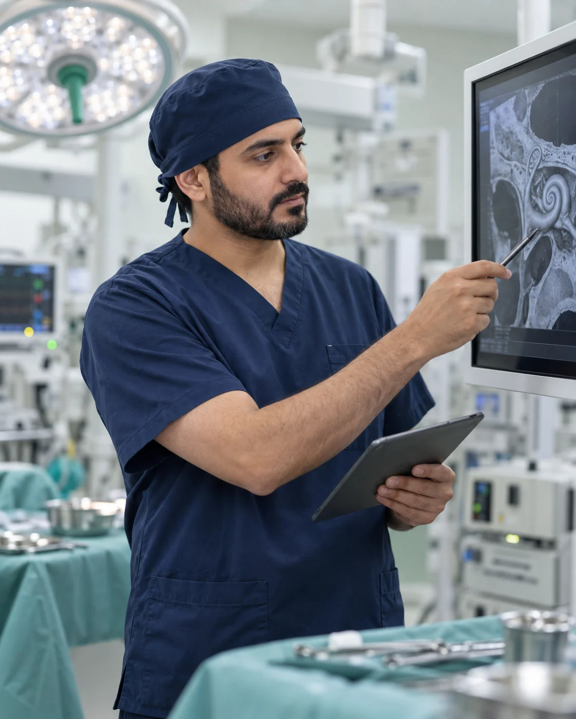 Otologic surgeon reviewing inner ear imaging in an operating room